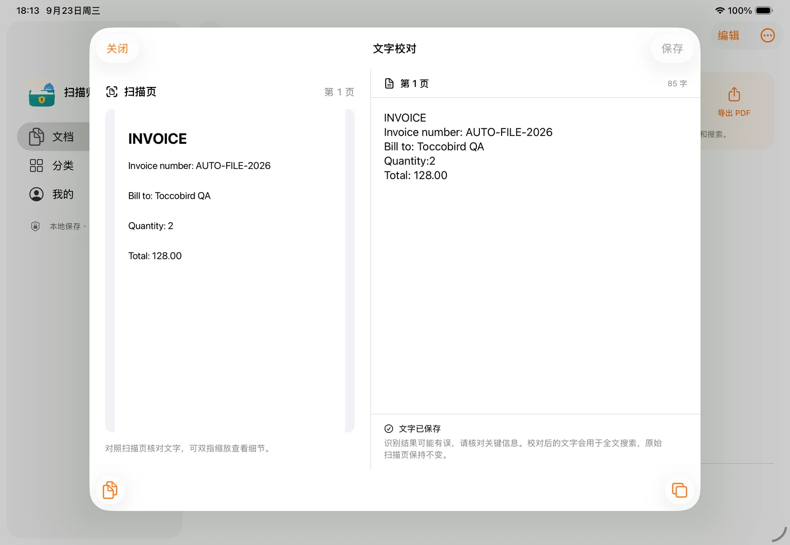 iPad 宽窗口中原始扫描页与识别文字并排显示,可逐页核对和修改文字